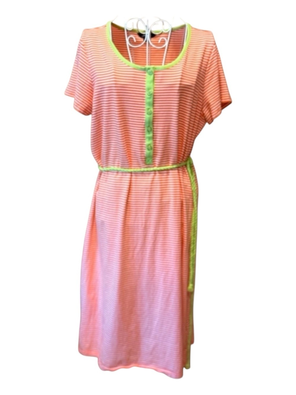 Lands End Orange White Striped Midi Dress Green Trim Button Front Size L